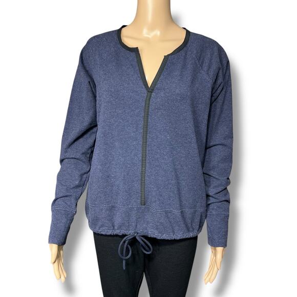 Athleta Womens Athletic Shirt Top V Neck Long Sleeves Drawstring Hem Blue Black - Picture 1 of 8